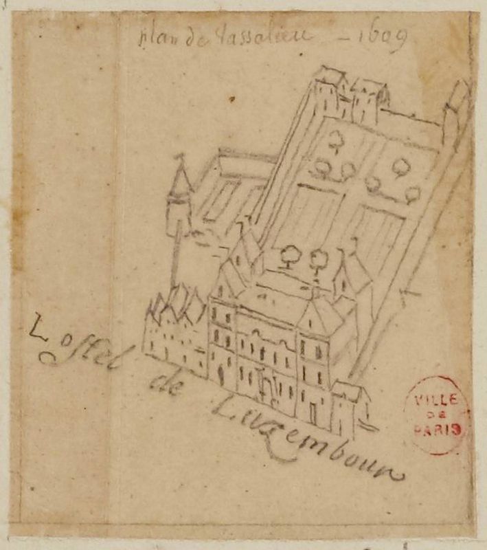 Vue cavalière de l'hôtel de Luxembourg d'après un plan de 1609.