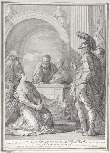 Jephthah's daughter kneeling by the sacrificial altar, with her father standing at right