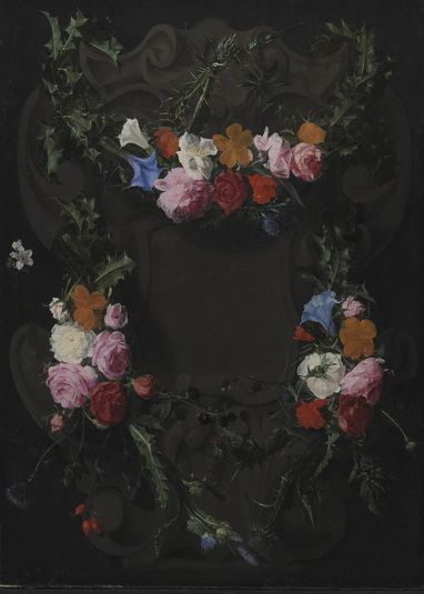A Stone Cartouche with a Garland of Flowers
