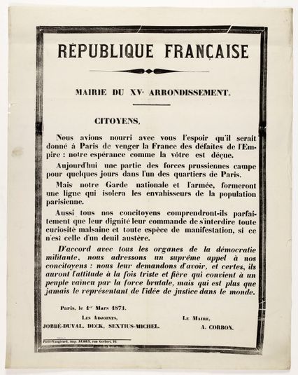 REPUBLIQUE FRANCAISE/ MAIRIE DU XVe ARRONDISSEMENT./ CITOYENS,/ Nous avions nourri avec vous l'espoir qu'il serait/ donné à Paris de venger la France des défaites de l'Em-/ pire