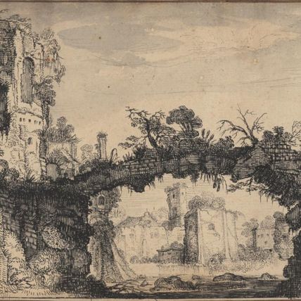 Landscape with Ruins (recto); Head of a Woman and Animals (verso)