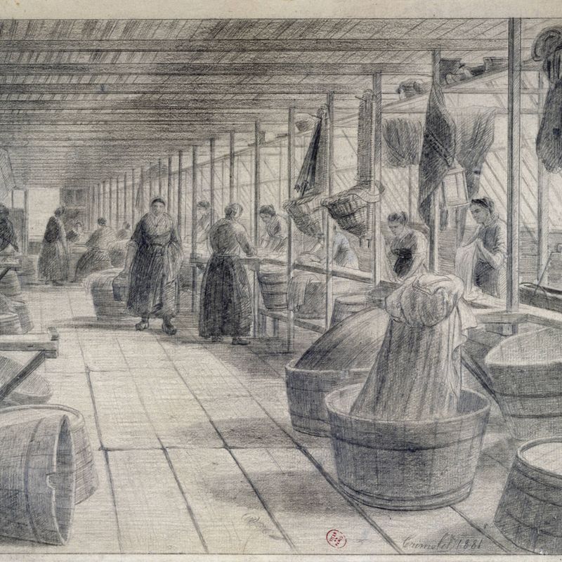Des lavandières dans un bateau-lavoir, 1881