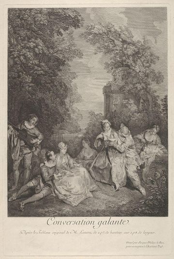 'Gallant conversation' (Conversation galante): couples engage in conversation in a garden setting, at left a musician plays for the group, at right a woman holds a reclining lap dog