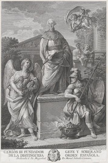 Allegorical portrait of Carlos III standing on a pedestal flanked by figures (War and Peace?)