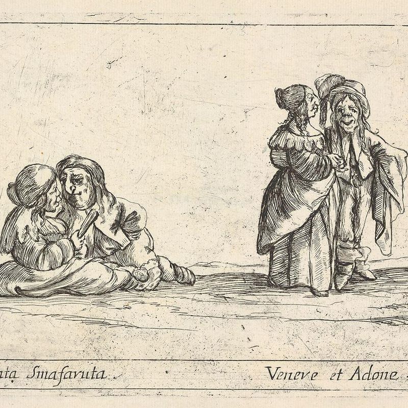 Callot figures; two seated dwarf lovers to left, the woman holding a fan, an old dwarf woman, in profile towards the right, standing with a dwarf man with long hair to right, from 'Six grotesques' (Six pièces de figures grotesques)