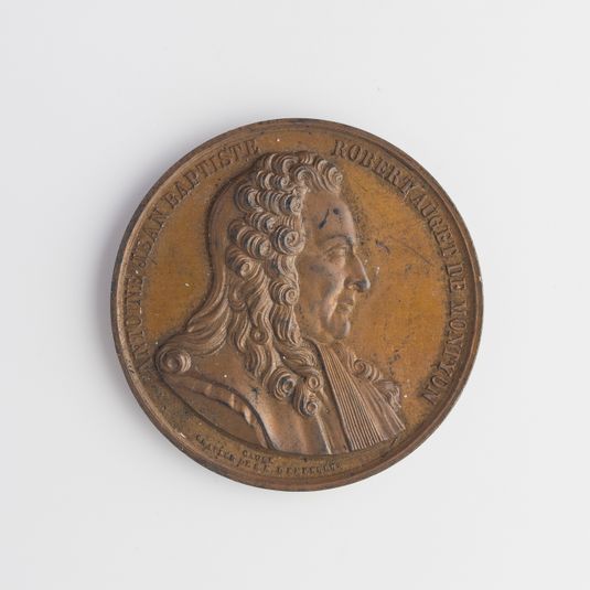 Médaille à l'effigie d'Antoine-Jean-Baptiste-Robert Auget, baron de Montyon (1733-1820), philanthrope et économiste français, offert à Le Vayer par le bureau de bienfaisance du XVe arrondissement, 1869