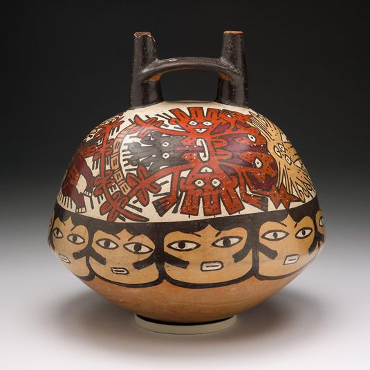 Vessel Depicting Ritual Performer Wearing a Feline Mask with a Symbolic Trail