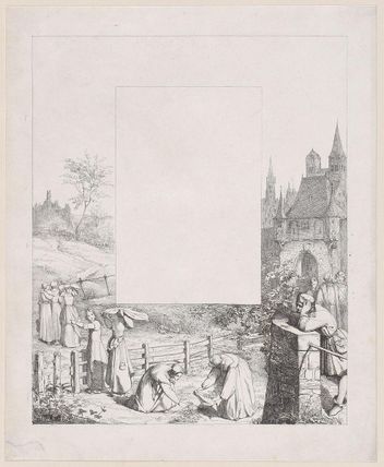 Plate 5: women collecting plants and carrying them over their heads, a male onlooker at right and a castle at riht in the background, from 'Lieder eines Malers mit Randzeichnungen seiner Freunde'