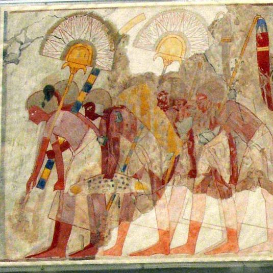 Facsimile of a painting from the tomb of Userhat: enseign bearers and soldiers