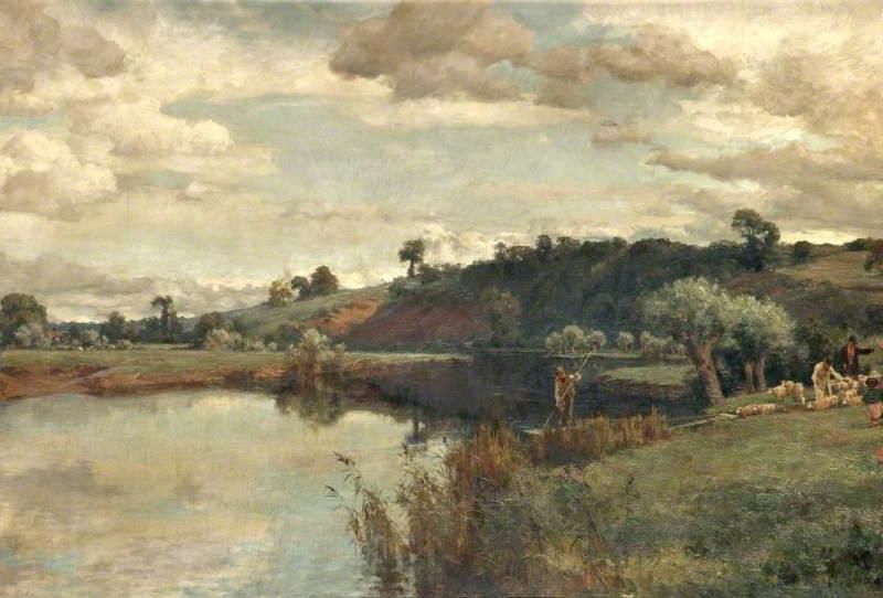 River Scene with a Shepherd and Sheep by a Ferry