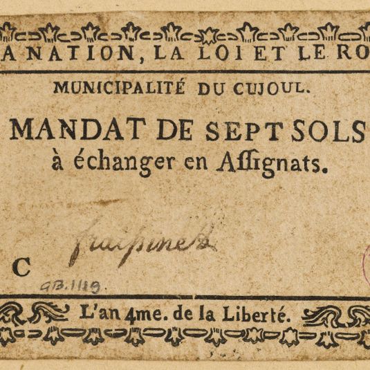 Mandat de 7 sols, municipalité du Cujoul, C, an 4eme de la Liberté