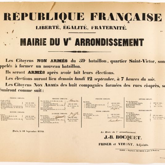 REPUBLIQUE FRANCAISE/ LIBERTE, EGALITE, FRATERNITE./ MAIRIE DU V E ARRONDISSEMENT/ Les Citoyens NON ARMES du 59e bataillon, quartier Saint-Victor, sont/ appelés à former un nouveau bataillon.