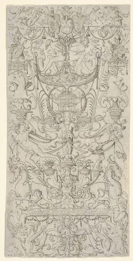 Panel of ornament with a bird-cage in the centre