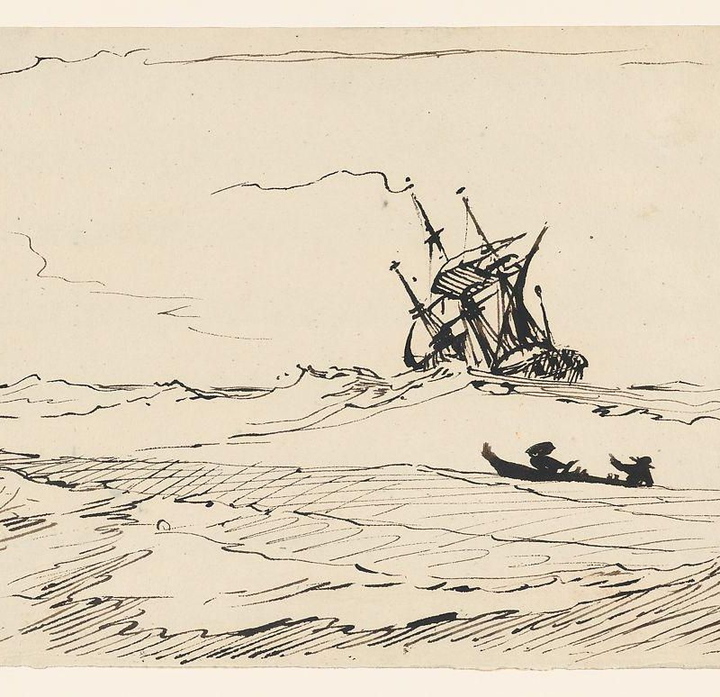 A Storm at Sea with a Large Ship and a Small Boat with Two Figures