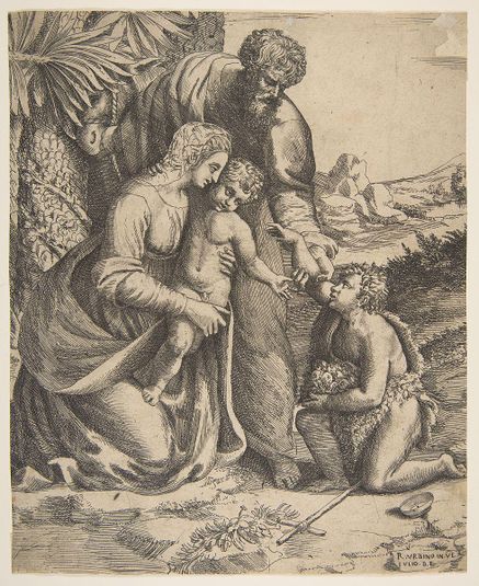 Holy Family with Saint John the Baptist who kneels at the right