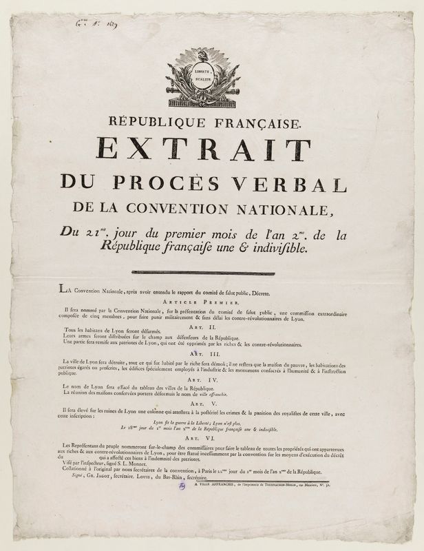 REPUBLIQUE FRANCAISE./ EXTRAIT/ DU PROCES VERBAL/ DE LA CONVENTION NATIONALE,/ Du 21me jour du premier mois de l'an 2me de la/ République française une & indivisible