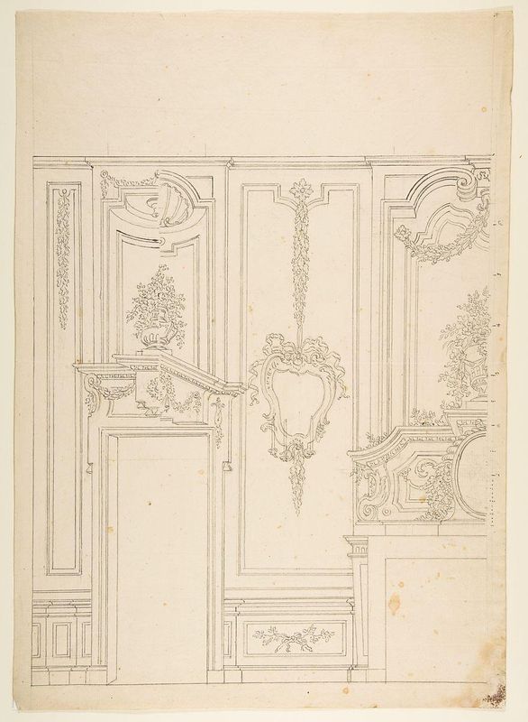 Design for a Wall Elevation with Halved Alternate Designs for the Doorway (recto); Designs for a Quarter of a Ceiling, Design for a Wall Elevation (verso)