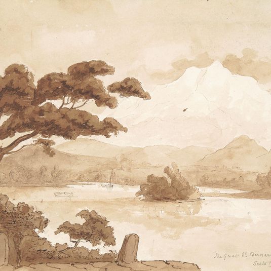 recto: Landscape Scene with Lake and Mountains