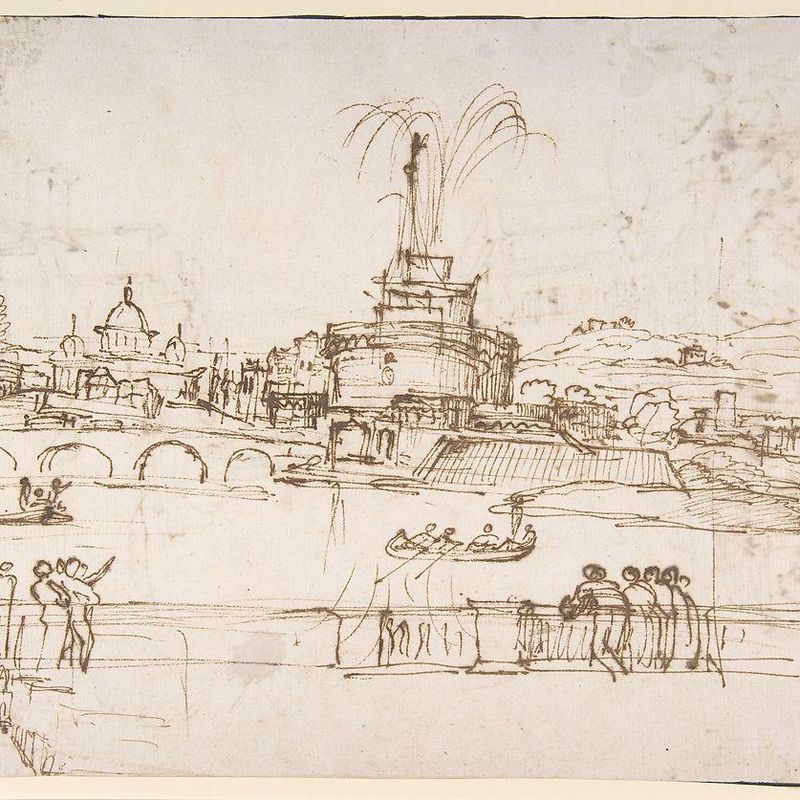 Figures Watching a Display of Fireworks at Castel Sant'Angelo, Rome (recto); A Distant View of the Fireworks Seen from a Villa Garden (verso)