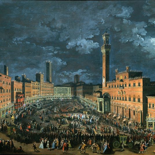 Night view of Piazza del Campo with torchlight and procession for the arrival in Siena of Francis I of Lorena and Maria Teresa of Austria on April 3, 1739