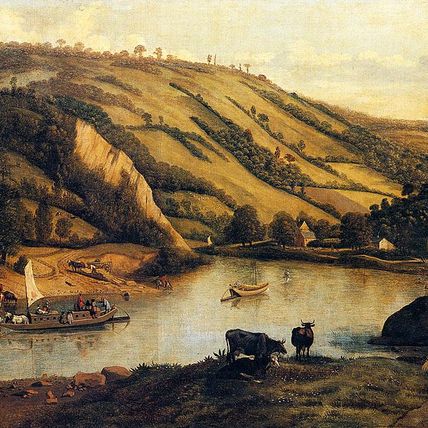 An Extensive River landscape, Probably Derbyshire, With Drovers And Their Cattle In The Foreground