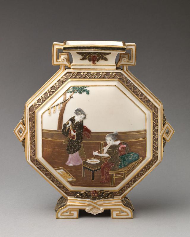 Octagonal vase with scenes of the story of the silkworm