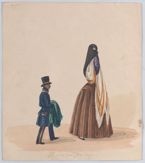 An elegantly dressed woman and her page, from a group of drawings depicting Peruvian costume