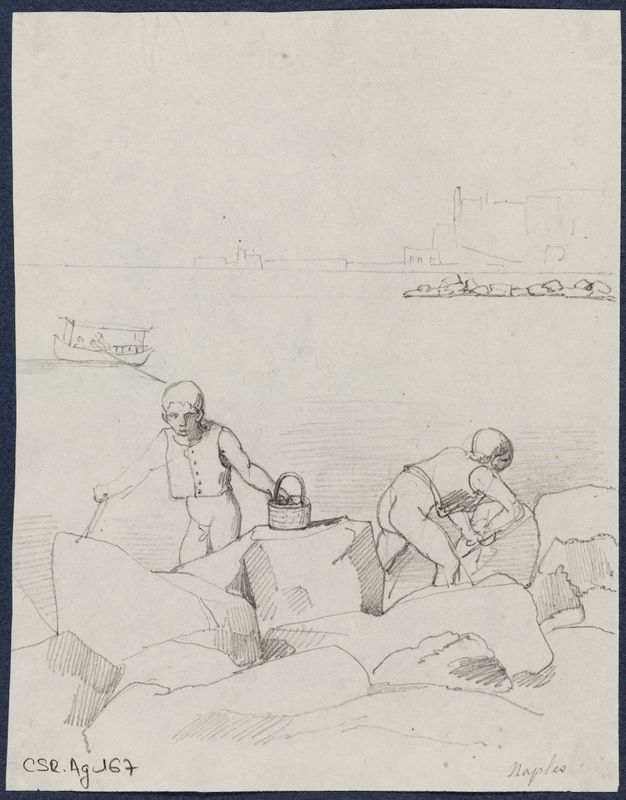 Deux enfants pêchant dans les rochers, Naples