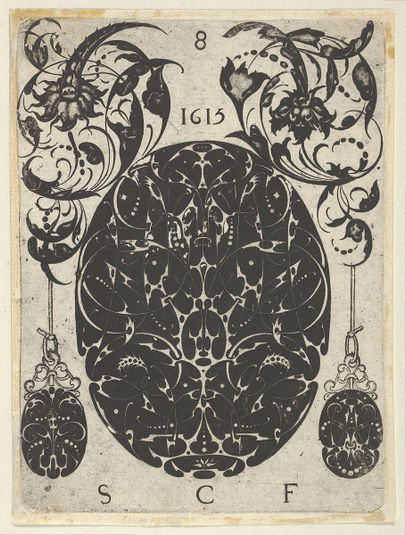 Blackwork Print with an Oval at Center Flanked by Pendants Hanging from Foliate Scrolls, from a Series of Blackwork Prints for Goldsmiths' Work