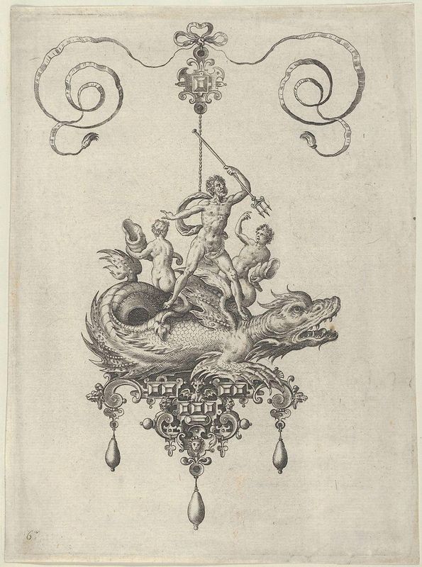 Pendant Design with a Sea Monster Carrying Neptune Flanked by Two Figures with Horns