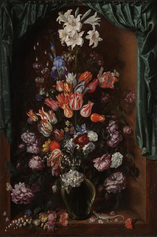 Vase of Flowers with a Curtain
