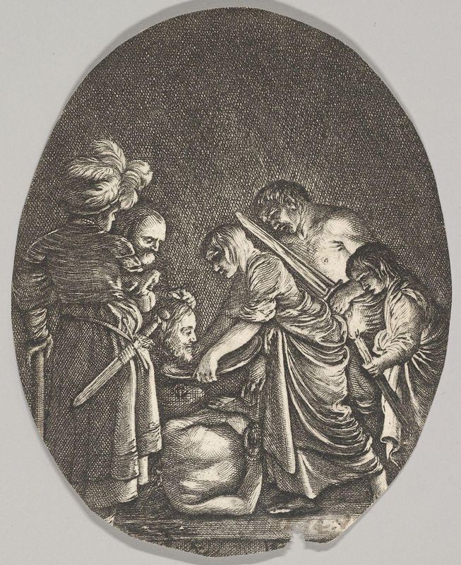 Salome receiving the head of John the Baptist, surrounded by three men and a child bearing a torch, the Baptist's body lies on the ground, an oval composition