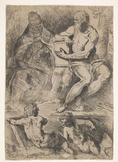 Sheet of studies with St. Jerome, seated at right and resting his right forearm on a book, at left an ecclesiastical figure wearing a cope and miter, and at bottom two putti
