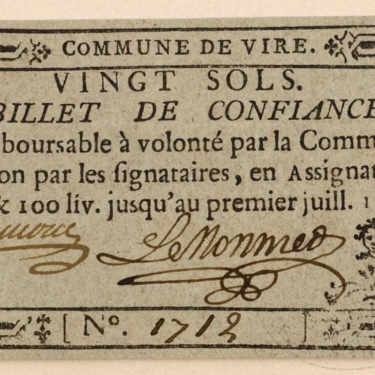 Billet de 20 sols, commune de Vire, n° 1712