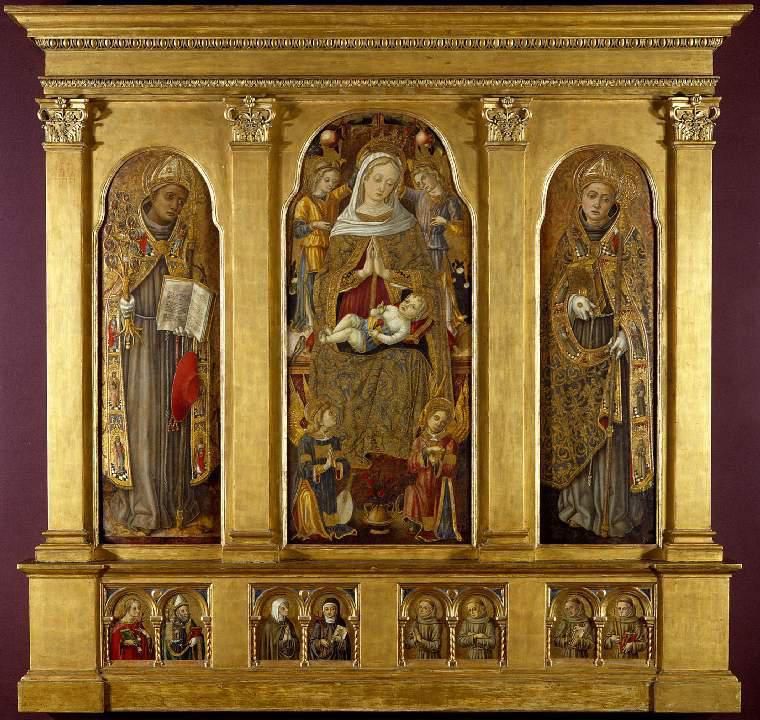 Virgin and Child enthroned; St Bonaventura (left); St Louis of Toulouse (right). below, four pairs of figures of Saints: St Agatha and St Augustine; an unidentified female Franciscan Saint and St Clare of Assisi; four unidentified male Franciscan Saints