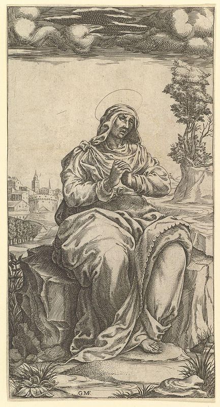 The Virgin of Sorrows; central part of a print with nine surounding compartments, now separated