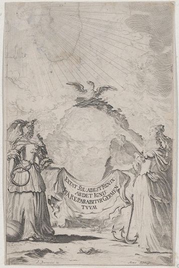 Two women holding a banner at center as a phoenix rises above; set design from 'Il Fuoco Eterno'