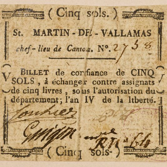 Billet de confiance de 5 sols, Saint-Martin-de-Valamas, n° 2738, an 4 de la Liberté