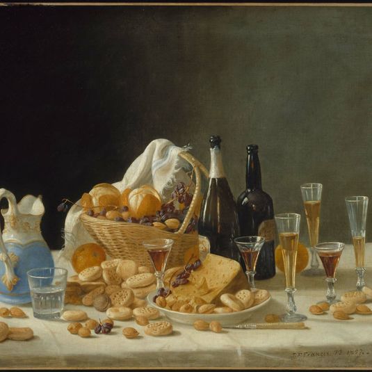 Still Life with Wine Bottles and Basket of Fruit