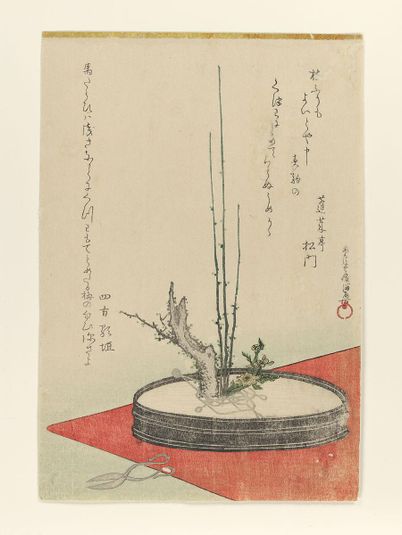 Arrangement of Plum, Fukujusō (Adonis Flower), and Scissors