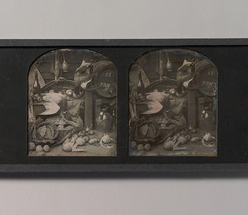[Stereograph Still-life of Fowl with Initialed Barrel and Root Vegetables]