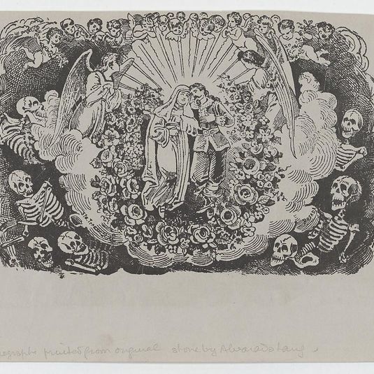 A female saint standing with a cavalier and surrounded by angels and skeletons