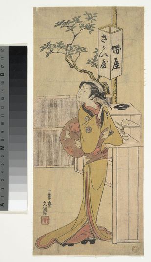 A Waitress of the Sakai-ya Teahouse Standing and Looking