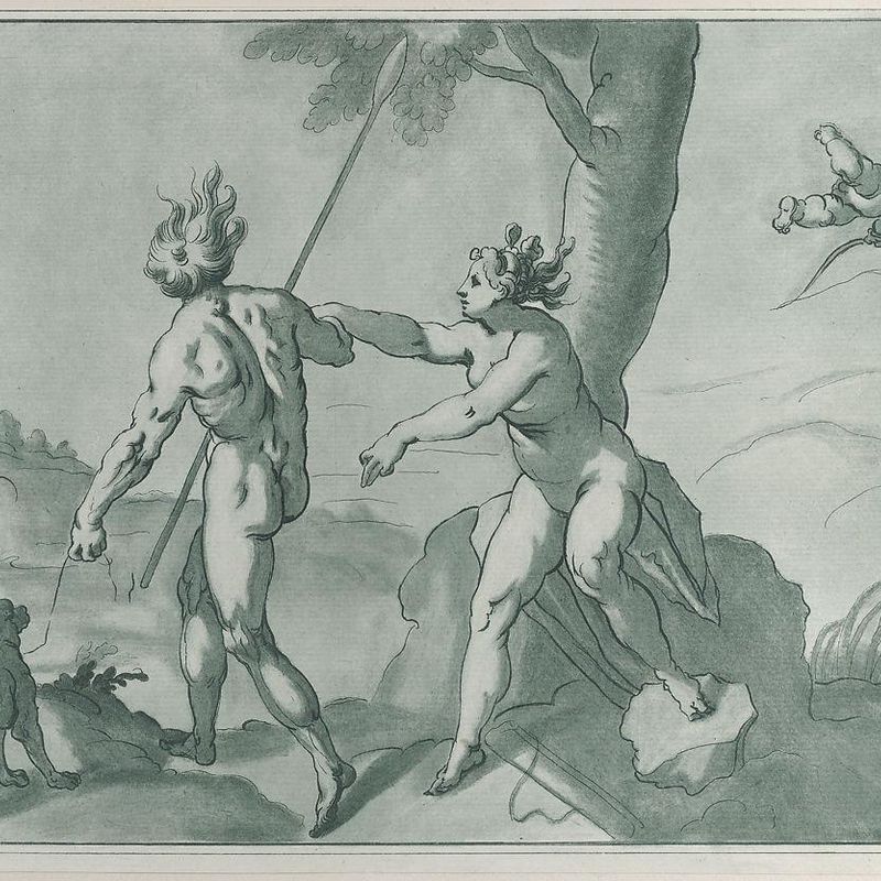 Venus and Adonis (?), nude in a landscape with a dog at left and Cupid at upper right