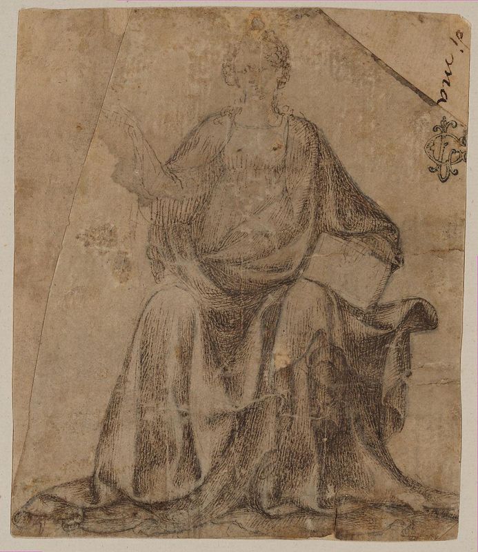 Seated Female Figure Holding a Book and a Scroll (?)