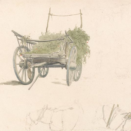 A Wagon With Hops and Two Sketches of Horses