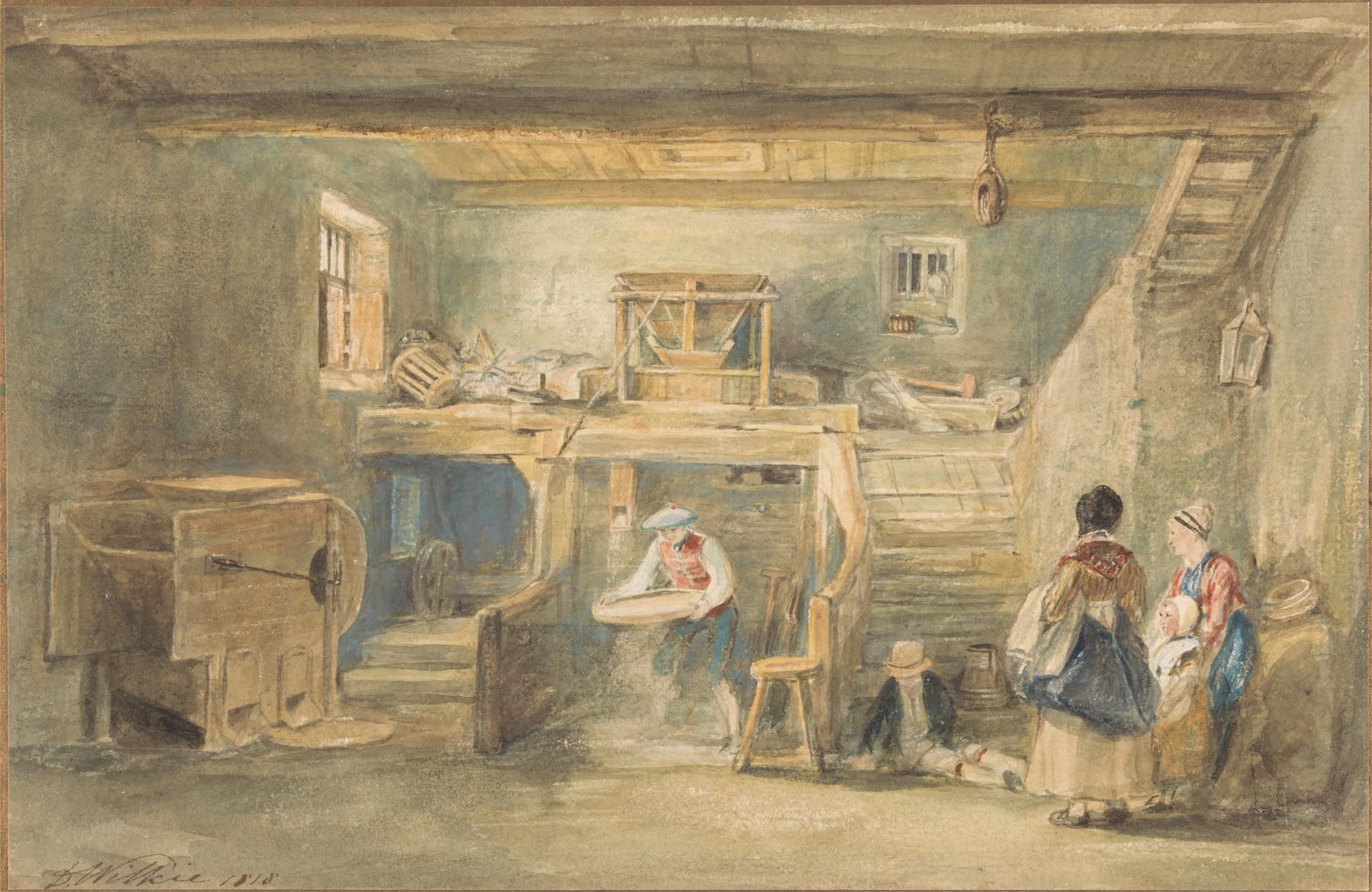 The Interior of Pitlessie Mill with a Man Sieving Corn