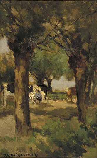 Milking cows underneath the willows