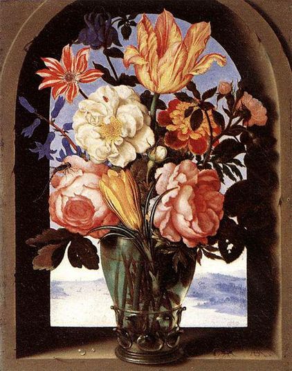 Bouquet of Flowers in a Stone Arch Opening onto a Landscape