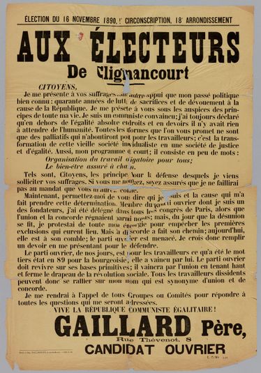 ELECTION DU 16 NOVEMBRE 1890, 2e CIRCONSCRIPTION, 18e ARRONDISSEMENT/ AUX ELECTEURS/ De Clignancourt
